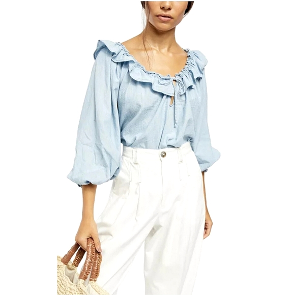 Free People Lily Of The Valley Chambray Blouse in Blue Size Small - Picture 15 of 15